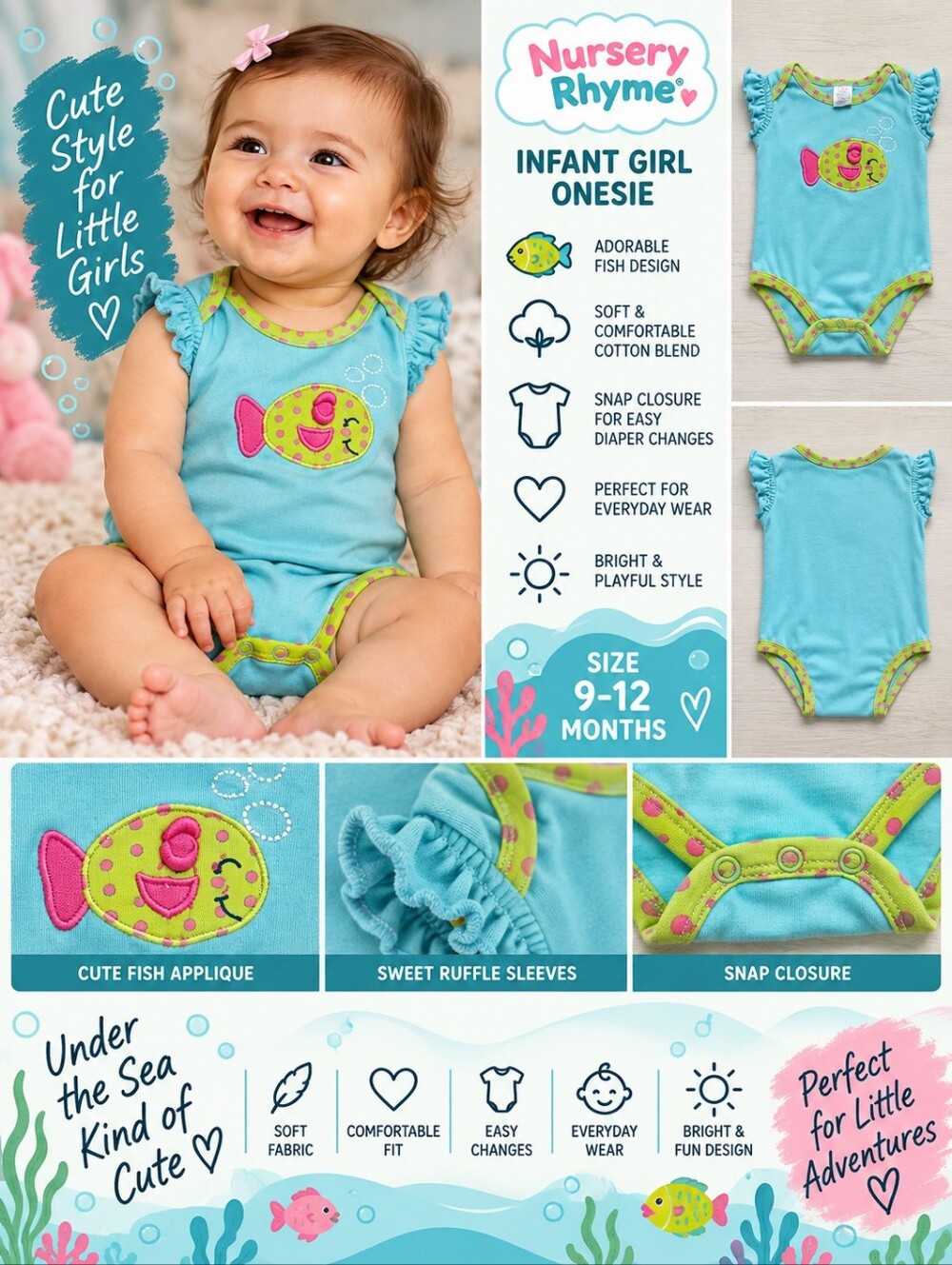 Nursery Rhyme infant girl 12m blue green fish onesie #35